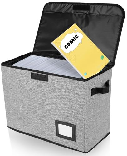 Comic Buch-Aufbewahrung 40 x 20 x 30 cm Kann bis zu 150–180 Bücher Ultra Robust Faltbare Aufbewahrungsbox mit Deckel mit 2 Griff Etikettenschlitz DIY-Tag Comic Buch Box Comicbuch-Behälter (Grau)