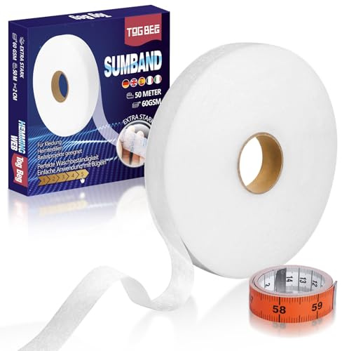 TOG BEG Saumband 50m x 2cm - inkl. 1,5m Maßband - Extra Starkes Bügelband 60GSM, Waschfestes Textilband für Kleidung Reparatur, Stoffband für Vorhänge & Textilien