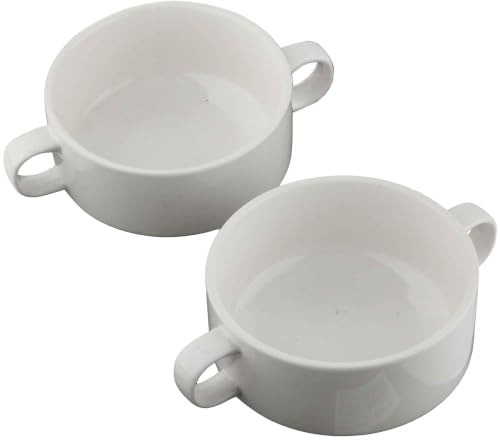 AiXception Ceramic French Onion Soup Bowls with Handles, Crocks Oven & Microwave Dishwasher Safe, Porcelain Stackable, 380ml, Set of 2, White