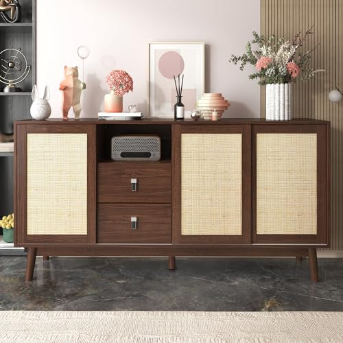 Arhatreya Buffet avec 3 portes coulissantes en rotin véritable et 2 tiroirs, 155 x 38 x 80 cm, respirant, stable et polyvalent