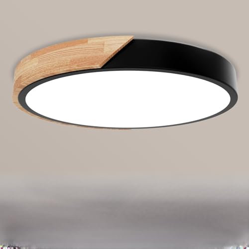 30W LED Deckenleuchte rund-6000K/4000K/3000K Deckenlampe 3 Farbtemperatur 3000LM Schlafzimmer Lampe Holz IP54 Modern Küchenlampe für Flur Wohnzimmer Badezimmer Büro Balkon Küche Keller Ø30cm,Schwarz