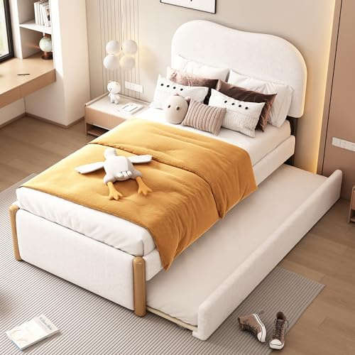 TOBIDOEN Gepolstertes Bett 90x200 cm mit Ausziehbett 90x190 und Lattenrost, Ausziehbares Rollbett Design, Kinderbett Jugendbett Geeignet für eine Warme Atmosphäre, Ohne Matratze, Weiß