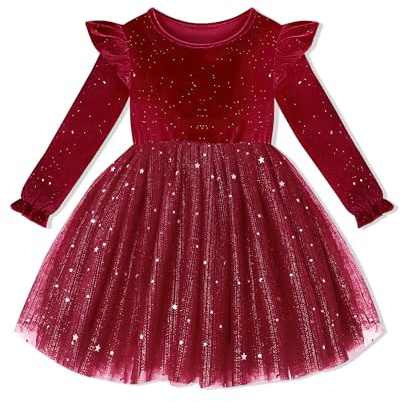 Amissz Mädchen Kleider Prinzessin Kleid Mädchen Samt Langarm Glitzer Tüllkleid Rotes Kleid Kinder Festkleider Ballkleid Partykleid Blumenmädchenkleider Weihnachtskleid 2-6 Jahre