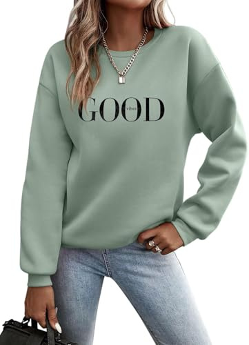 TrendiMax Pullover Damen Herbst Übergangs Sweatshirt Briefe Drucken Rundhals Langarm Pulli Locker Casual Oberteile Streetwear Sweatshirts ohne Kapuze (XL, Hellgrün N)