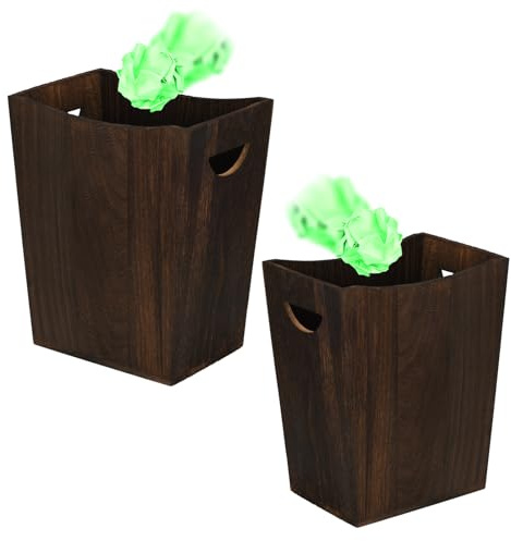 BYZCYSG Wooden Waste Paper Bins, Set of 2, Large 19.8x16.8x30 cm and Small 16.5x13.8x29 cm, Rectangle Design with Handle (Distressed Brown)