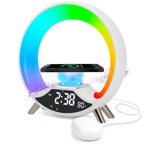 Cuteefun Despertador Luz Amanecer con Carga InaláMbrica 15W, Despertador Digital Inteligente con Altavoz Bluetooth, Doble Alarma, Radio FM, Más de 10 Colores de Luz Nocturna Ajustable, Blanco