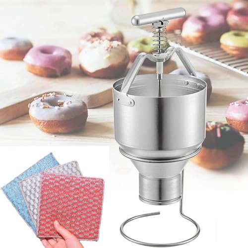 Manual Donut Depositor, Stainless Steel Mini Donut Makers Dropper Plunger Dough Batter Dispenser Hopper with Stand, 6 Thicknesses Adjustment