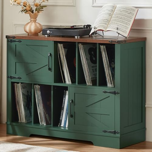 LELELINKY Plattenspieler Schrank mit Schallplattenregal für 300 Alben | 100 cm breit, 6 offene Fächer, 2 Türen, viel Stauraum für Vinyl und Zubehör, für Wohnzimmer & Musikzimmer,Grün