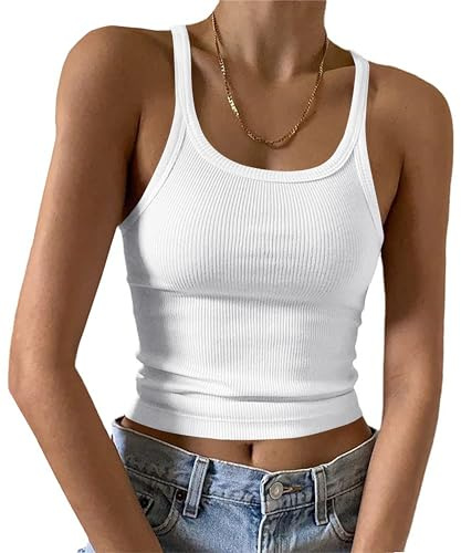 DUOEASE Camiseta Tirantes Mujer Cuello u Slim-fit Básica Top Mujer Verano Costilla Sexy Blanco-S