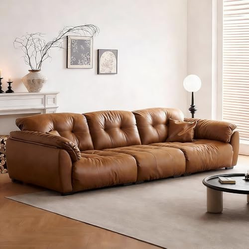 Medeltida retro brun lädersoffa, rymlig och mjuk soffa med massiv träram, modern stor storlek, lämplig för vardagsrum/kontor/lägenhet.