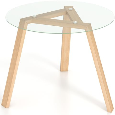 Mesa de comedor redonda moderna de cristal de 90 cm, parte superior de vidrio templado y base de madera de goma, elegante mesa de cocina para comedor, sala de estar, oficina, soporta 90 kg