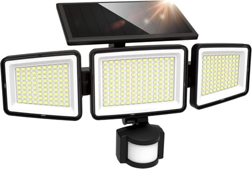 LUTEC Solar Outdoor Security Light 302 LED 1500LM, Motion Sensor Waterproof Solar Flood Light, 3 Heads 270° Wide Angle 3 Modes for Garden Patio Yard