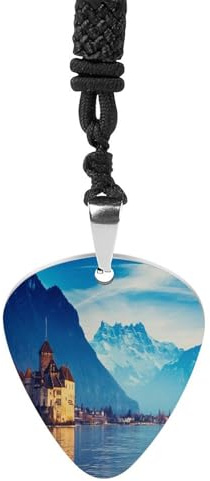 BTCOWZRV Lake Genève Schweiz gitarrplektrum halsband titan stål gitarr plektrumhållare hänge halsband R&B musik smycken trendigt rockmusik halsband gitarr ukulele plektrum halsband för musikälskare