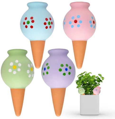 Yiomxhi 4 Pièces Oyas Planter Intérieur Terre Cuite, Ollas Arrosage Goutte a Goutte Bouteille Automatique Reserve Distributeur Eau Plantes, Cône D'arrosage Argile Vacances Irrigation
