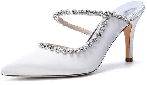 Mdrcg Zapatos de tacón de Aguja para Mujer, de satén y Punta Afilada; Sandalias Estilo *Stiletto* con Tira de pedrería y diseño sin Cierre, Ideales para Novias,Blanca,42 EU