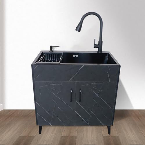 WDSOPK Kommersiellt diskhoskåp undermonterat handfat med 2 dörrar inkluderar kran dränerande ben tvåldispenser idealisk för restaurang och tvätt (Gris 75 x 45 x 78 cm)