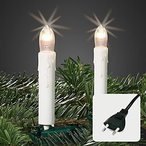 hellum Lichterkette innen mit Stecker, Christbaumkerzen 20 Lichter weiß mit Tropfen und Clip, Lichterkette Weihnachtsbaum klar, beleuchtete Länge 7,6m, Abstand 40 cm, Kabelfarbe grün <59 Lumen 612011