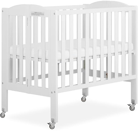 Dream On Me 2-in-1 Portable Mini Crib, Non-Full Size Baby Crib for Small Spaces, 2 Mattress Heights, Compact Travel Design, Includes Mattress, GREENGUARD Gold & BSA Certified, White