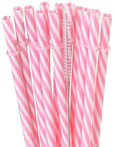 Dakoufish BPA Free 12 Piece 9 Inch Reusable Plastic Thick Drinking Straws for Mason Jar Rambler Small Stripe（9inch，Pink）