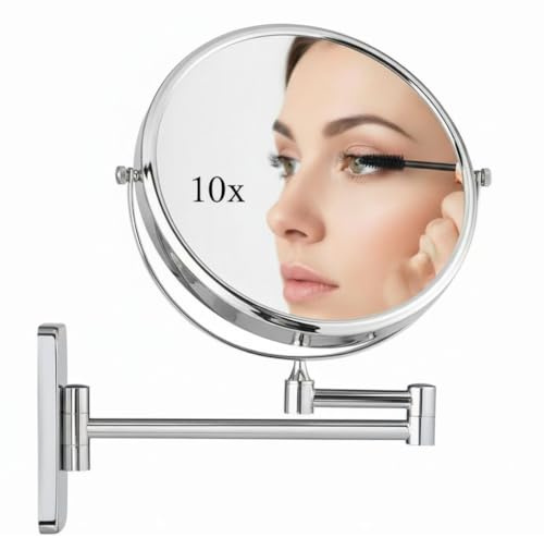 Melko Kosmetikspiegel Schminkspiegel 10-Fach Vergrößerung Ø 18 cm Silber | Wandspiegel 360° schwenkbar mit ausziehbarem Arm, Edelstahl, Messing und Glas, einfache Wandmontage, für Make-up und Rasur
