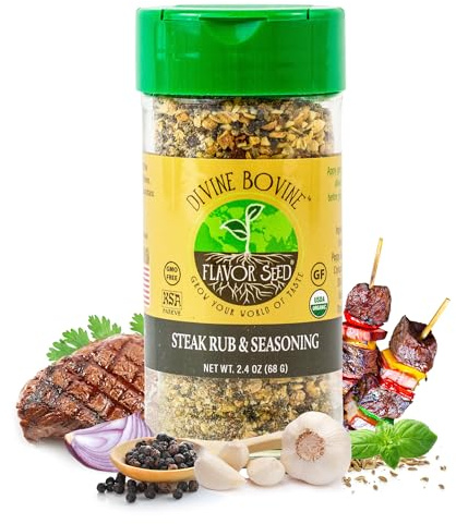 Organic Steak Seasoning & Rub - Divine Bovine by Flavor Seed, Gourmet Spice Blend for Cooking & Grilling Steak, Pork & Vegetables. Carnivore & Keto Friendly, No Sugar, Non GMO, 2.4 oz Shaker Jar