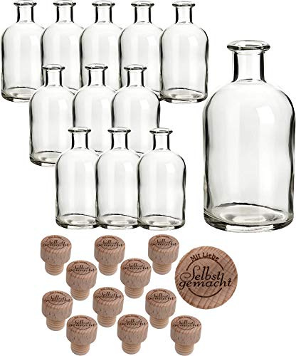 gouveo 12er Set Glasflasche 250 ml (0,25 l) Glasflasche 250 ml Apotheker mit Korken Klarglas Apothekerflaschen mit Korkverschluss „Selbst gemacht“ zum Abfüllen von Likör Sirup Öl Essig (HGK)