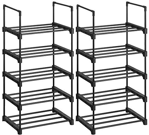 SONGMICS Étagères à Chaussures à 5 Niveaux, Lot de 2, Porte-Chaussures en métal, empilable, Peu encombrant, Rangement de Chaussures, Multifonctionnel, pour entrée, Chambre, Salon, Noir LSA055B02