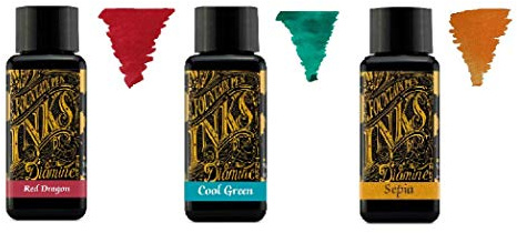 Diamine Füllfederhaltertinte 30ml - 3 x Flaschen - Red Dragon, Cool Green, Sepia