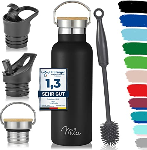 Milu Edelstahl Trinkflasche 500ml, 750ml, 1000ml (+3 Deckel) - Thermosflasche mit Strohhalm, Isolierte Wasserflasche, Auslaufsichere Isolierflasche doppelwandig, Kohlensäure geeignet (Schwarz, 500ml)