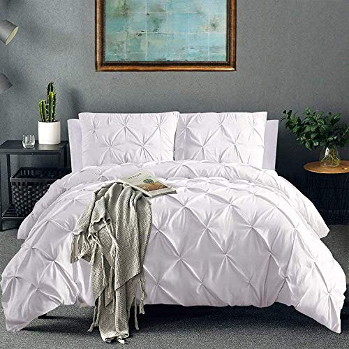 CoutureBridal Weiß Bettwäsche 200x200cm Luxus Pintuck Plisseefalten Mikrofaser Wendebettwäsche Set Doppelbett Uni Bettbezug mit Reißverschluss und 2 Kissenbezug 80x80cm