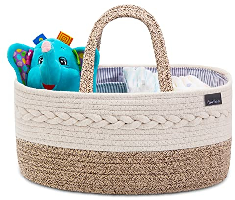 YeaYee Baby Windel Caddy Organizer，Multifunktionale Aufbewahrungsbox für Windeln， mit wechselbaren Fächern, 100% Baumwoll-Leinen, tragbarer Aufbewahrungskorb für Windeln, Babyparty-Geschenk
