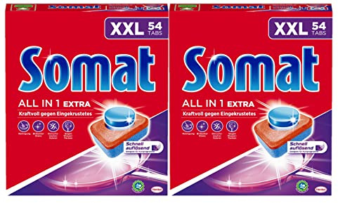 Somat All in 1 Extra Spülmaschinen Tabs, 108 (2x 54 Tabs), XXL Pack, Geschirrspül Tabs für extra kraftvolle Reinigung und Edelstahlglanz