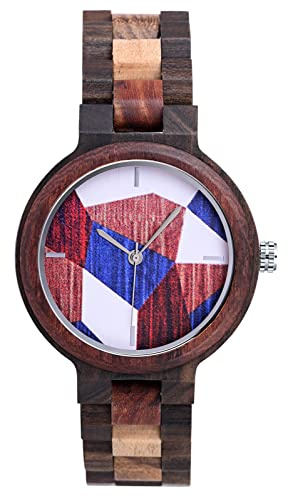 SUPBRO Holzuhren Damen Herren Unisex Uhren Holzuhr Farbblock Natur Hölzerne Uhr Analoge Japanisch Quarzwerk Uhren mit Holzarmband