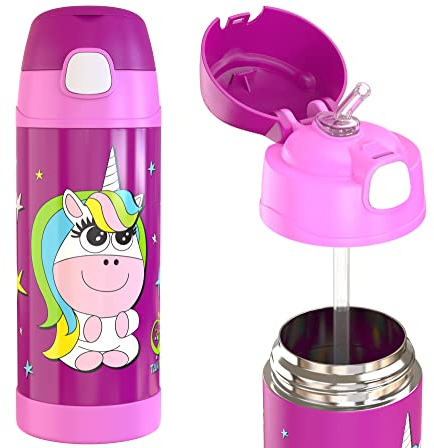 TAKWAY Trinkflasche Kinder | Thermo Edelstahl Wasserflasche mit Strohhalm 350ml | BPA frei auslaufsicher | Kinderflasche für Schule, Kindergarten (Einhorn)