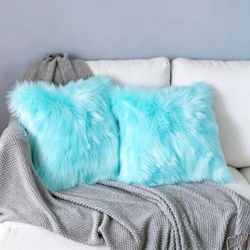 YDFYX 2Pcs Faux Pelz Wurfkissenbezug, Deluxe Home Dekorative Super Weich Plüsch Mongolischen Faux Pelz Wurf Kissenbezug Kissenbezug (2Pcs Hellblau, 40X40 cm)