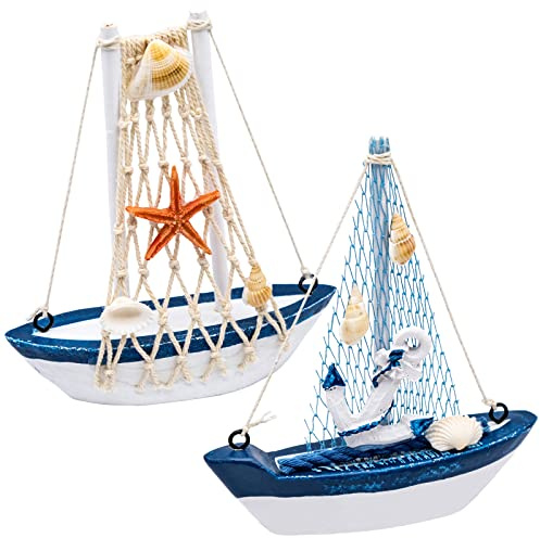 AMJKEJI 2 Pcs Sailboat Decor Wooden Miniature Sailing Boat Ornaments Nautical Theme Decoration for Home Office Baby Shower Christmas Party Desktop Decoration