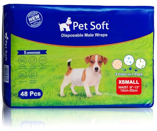 Pet Soft Hundewindeln für Rüden, Rüdenwindeln Einweg, Windel für Rüden, Super saugfähig Rüdenwindeln mit Auslaufsicher und Nässeindikator (XS-48 Stück)