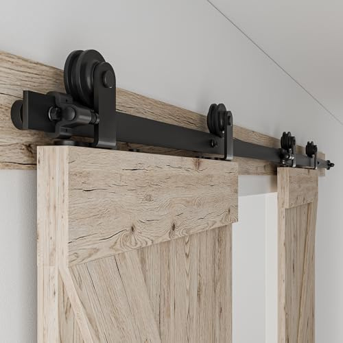 Schiebetürbeschlag Doppeltür 224cm Schiebetüren Schiebetürsystem Komplettset Laufschiene Rollen Set Schwarz für 2 Holztür 56cm Breit, Kleine Rolle in T-Form