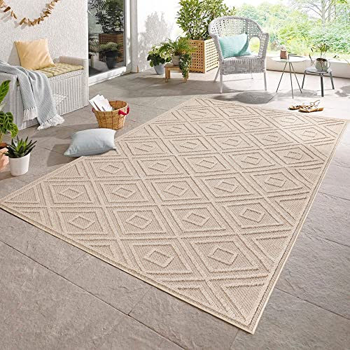 Carpetsale24 Alfombra de Exterior, Color Beige, diseño de Diamantes, 110791, Alfombra Rectangular, Alfombras para terraza-balcón-jardín o Cocina, 140 x 200 cm
