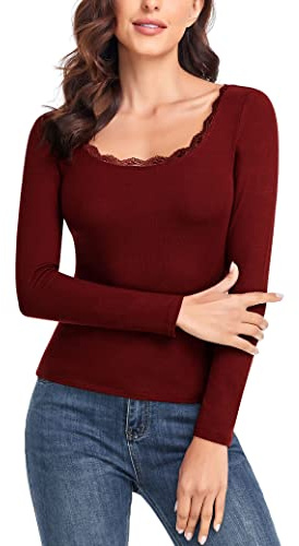 WOWENY T-Shirt Femme à Manches Longues en Tricot Dentelle Décontractée Tee Shirt Femme Élégante T Shirt Femmes col V à Manches Longues