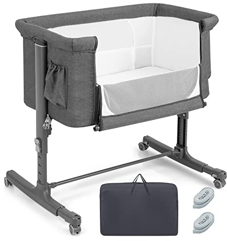 LIFEZEAL 3 in 1 Beistellbett, 5-stufig höhenverstellbares Babybett, Babywiege Stubenwagen mit Matratze, mobiler Reisebett auf Rollen mit Seitentasche und Tragetasche (Dunkelgrau) | Babywiege mit Rollen, Matratze, Seitentasche und Tragetasche, 84 x 59,5 x 66,5-80,5 cm