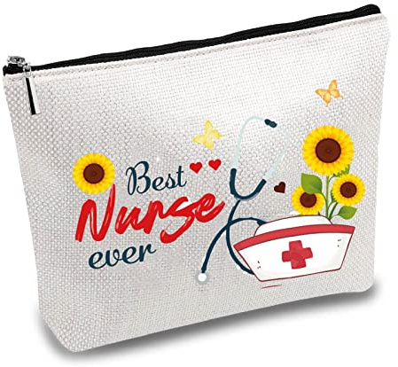 CREATCABIN Best Nurse Ever Bolsas Maquillaje Lona Bolsa Cosméticos Girasol Estuche Multiusos Bolígrafos Neceser Viaje para Llaves Lápiz Labial Tarjeta Mujeres Estuche Lápices Regalo Gracias 25x18cm