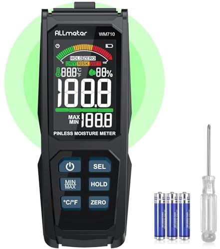 ALLmeter Nadelloser Holzfeuchtemessgerät Feuchtigkeitsmessgerät mit Temperatur-/Feuchtigkeitssonde 2,7LCD Farbbildschirm und akustischem Alarm für Wände Holz Mauerwerk Beton Putz（20mm Analysetiefe）