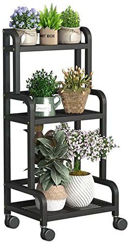 Pflanzenständer 3-stufiges Leiterregal aus Metall, Blumenständer, mehrere Pflanzenhalter für den Innenbereich, Eckregale, Garten, Balkon, mit Rädern und Bremsen – Schwarz (Size : 60x40x107cm)