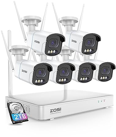 ZOSI 4MP Kit Cámaras de Vigilancia WiFi 8CH H.265+ Grabador NVR Inalámbrico con 6X Cámaras Impermeables, Visión Nocturna, Alarma de Movimiento, 2TB HDD Incluido