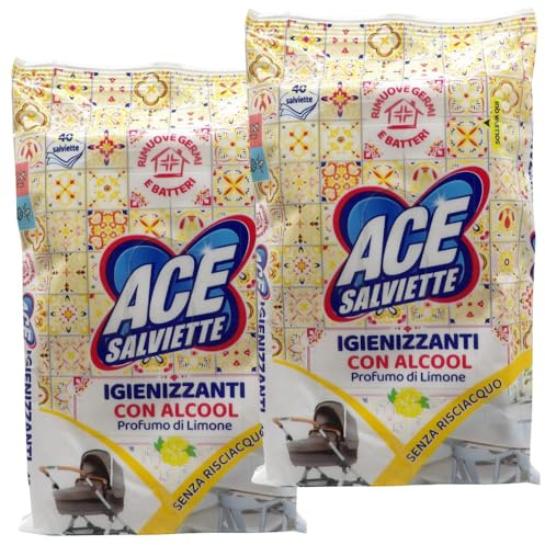 Salviettine Igienizzanti, Azione Sgrassante, con Alcool, al Profumo di Limone, Rimuove Germi e Batteri (Confezione da 40 Salviette) (2 Confezioni)