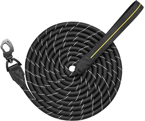 OneTigris Schleppleine 10m, ø12mm Eindicken Hundeleine mit Bequemen Gepolsterter Griff und Reflektoren für mittelgroße und große Hunde Schwarz L