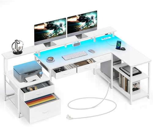 Seventable Schreibtisch L Form, Computertisch mit Steckdose, LED & Monitorständer, Reversibel Eckschreibtisch mit Schubladen, perfekt für Schlafzimmer Büro Wohnzimmer, Weiß