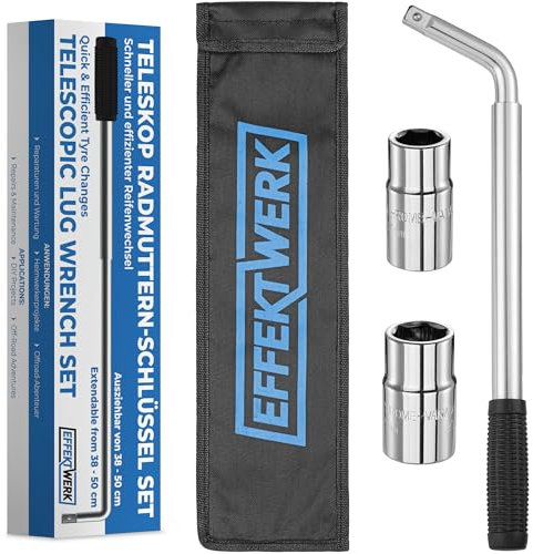 EffektWerk Chiave per dadi ruota telescopica - Chiave universale per alette con attacco da 1/2 e 2 bussole (17/19 mm e 21/23 mm) - Chiave per pneumatici estensibile da 38 – 50 cm