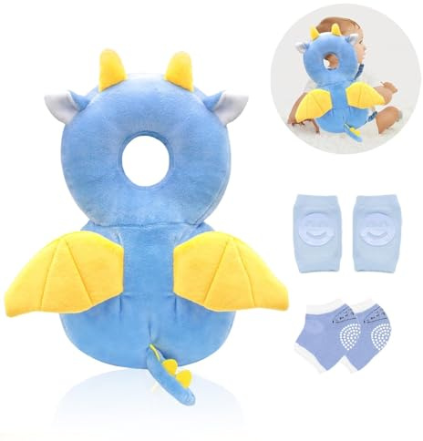 HDKAJL Baby Kopfschutz Set mit Knieschoner - Blauer kleiner Flugdrache-Design, Verstellbarer Sturzschutzpolster für Babys ab 4-24 Monaten Krabbeln & Laufen Lernen